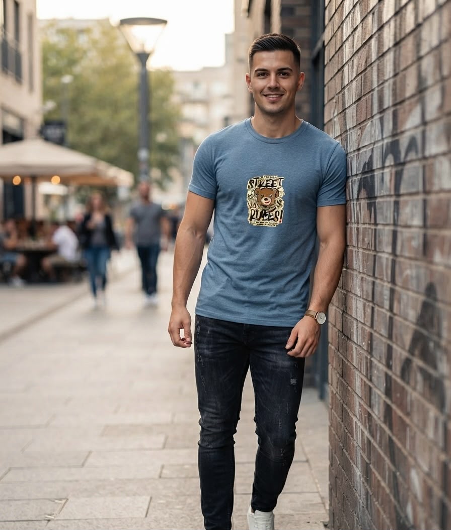 Oversized Drop Shoulder Streetwear Graphic T-Shirt – Sky Blue Teddy Bear Back Print