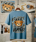 Oversized Drop Shoulder Streetwear Graphic T-Shirt – Sky Blue Teddy Bear Back Print
