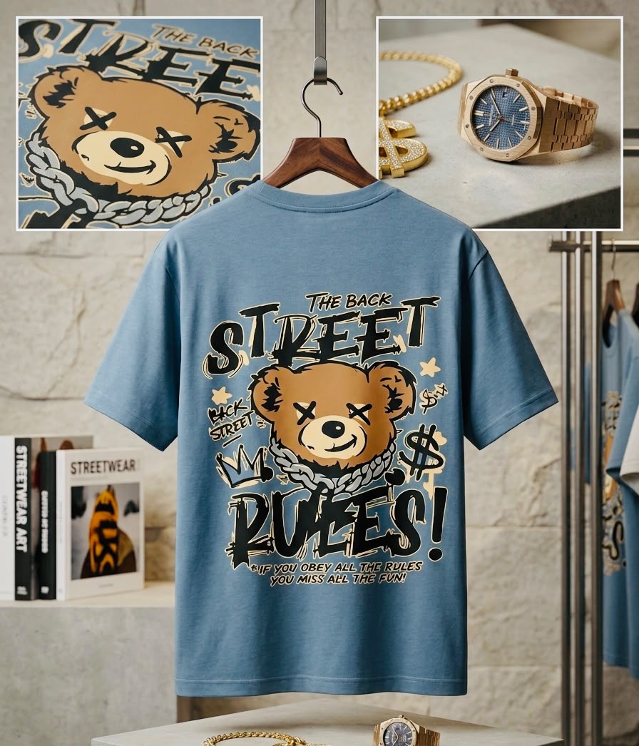 Oversized Drop Shoulder Streetwear Graphic T-Shirt – Sky Blue Teddy Bear Back Print